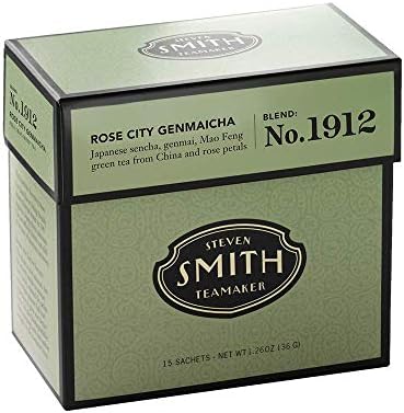 Smith Teamaker | Rose City Genmaicha No. 1912 - Sencha, Genmai, Mao Feng Green Tea & Rose Petals | Caffeinated Roasted Rice Full Leaf Green Tea Blend (15 Sachets, 1.26oz each)