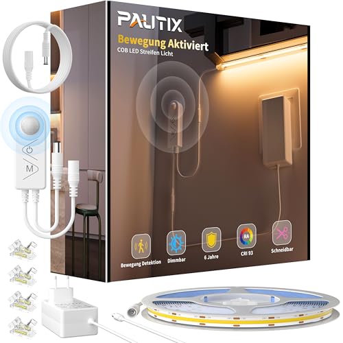 PAUTIX LED Streifen mit Bewegungsmelder 24V 5M COB LED Streifen Bewegungssensor 2700K Warmweiß LED Strip Dimmbar LED Band mit Dual Beleuchtung Modus für Unterschränke Küche Treppen Schlafzimmer