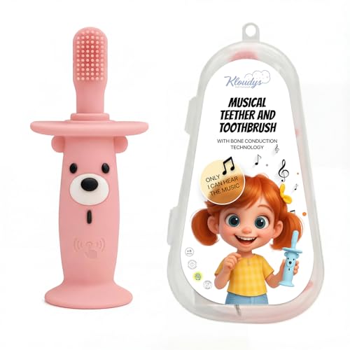 Image of KLOUDYS Vibrating Baby Teether & Toothbrush l Teething Relief & Bone Conduction Music l Soft BPA-Free Silicone Baby teethers, Oral Sensory chew Toys for Kids & Babies,Teething Toys 9-24 Months, Pink