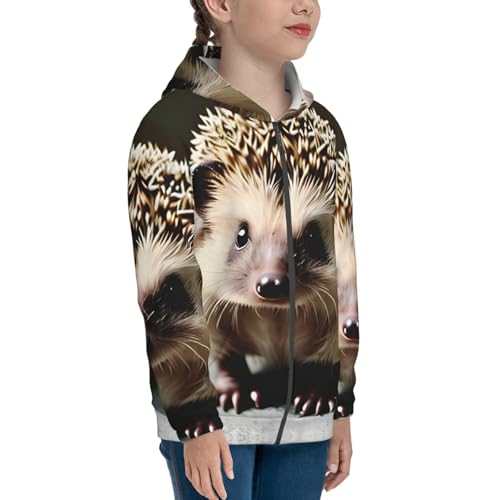 Cute hedgehog Print Girls Athletic Zip Up Hoodies,Sweatshirts with Pockets Long Sleeve Hooded Jackets, for 7-18 Y3