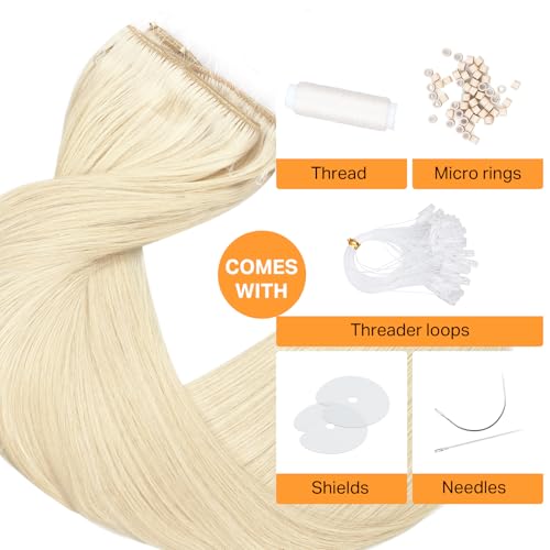Image of DOORES Micro Beaded Weft Hair Extensions, 20 Inch Platinum Blonde 100g, Human Hair Invisible Sew in Weft Extensions for Women