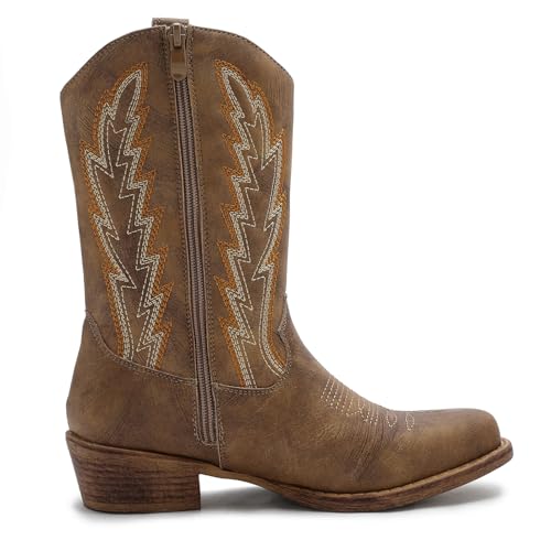 Image of GLOBALWIN Women's Mid Calf The Western Cowgirl Boots Fashion Cowboy Boots For Women Chunky Low Heel