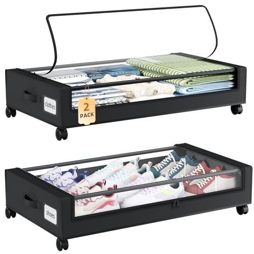 Somdot Under Bed Storage with Wheels, 2 Pack Bed Storage Containers with Dividers & Clear Lids, Easy Pull-out Metal Drawer for Clothes, Shoes,Toys, Blankets (Black) by Somdot - Used condition - US$24.83