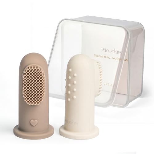 Image of Moonkie Baby Toothbrush Finger Toothbrush Oral Cleaner Kit for 3 Months +, 2 Pcs (Warm Taupe/Ivory)