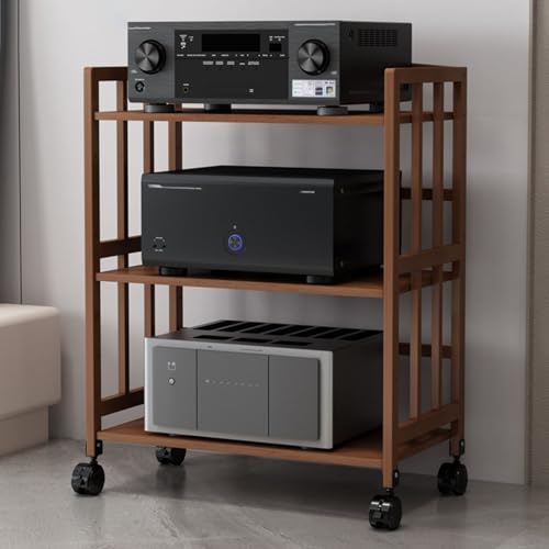 Meuble HiFi marron mobile pour organiser les câbles et appareils lourds