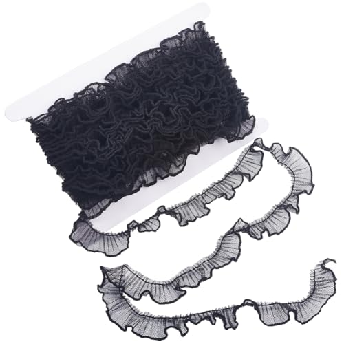 GORGECRAFT 10 Yards Pleated Lace Ribbon Fabric 2cm Wide Ruffled Mesh Edge Trim Embroidery Tulle Edging Trimmings DIY Crafts for Sewing Cuff Embellishments Home Curtain Decoration Black