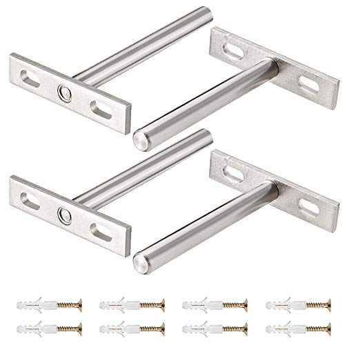 ManLee 4pcs Soporte de Estante Flotante Oculto 70 x 75 x 14 mm Soporte Invisible Estanteria Inoxidable Tipo T Escondido con Tornillos para Muebles Decoración de Pared Soporte de Estantería Plateado