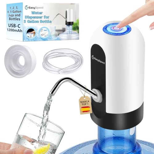 EASYSPEED Dispensador de Agua automático, Bomba eléctrica USB‑C de 1200 mAh, portátil con 1 Adaptador para múltiples Bocas y garrafas de 3,5,8,10,13,15,18 L, Color ，Blanco
