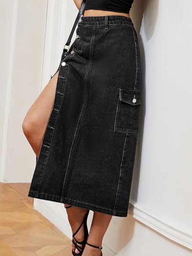 Women's Casual High Waist Denim Mid Skirt Slit Button Up Jean Skirts with Pockets(X-Large, Dark Grey)4