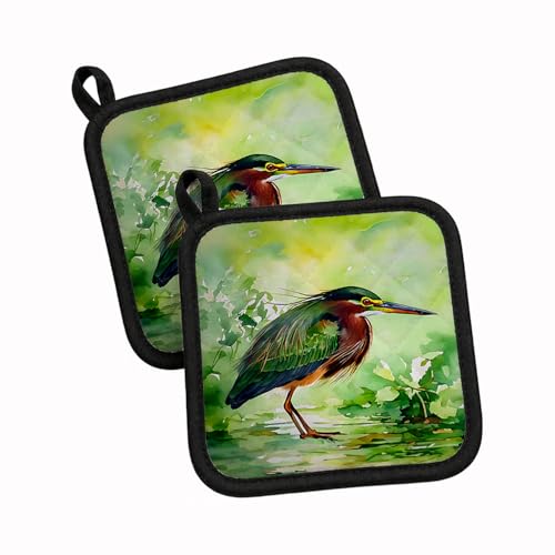 Caroline's Treasures Green Heron Pair of Pot Holders Kitchen Heat Resistant Pot Holders Sets Oven Hot Pads for Cooking Baking BBQ, 7 1/2 x 7 1/2