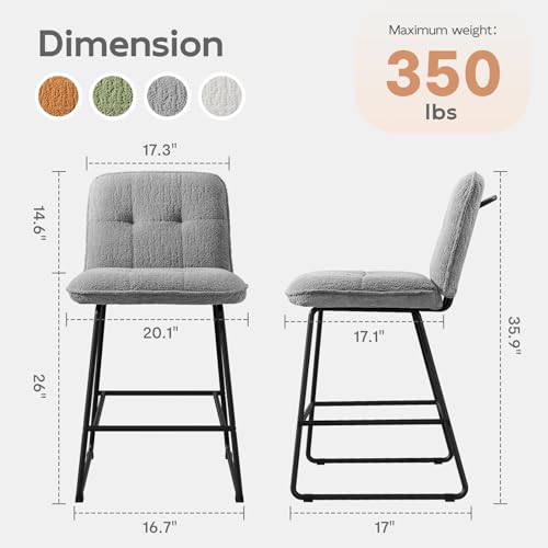 Image of Ollega 26 inch Counter Height Bar Stools with Back, Set of 2, Grey Velvet