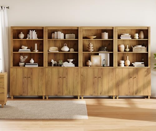 Image of WAMPAT 71 inch Tall Bookcase with Doors & Storage Cabinet, 4 Column Modern 5-Tier Bookshelf with Adjustable Shelf, 142 inch Wide Wooden Display Book Shelf for Home Office, Living Room, Bedroom, Oak Brown