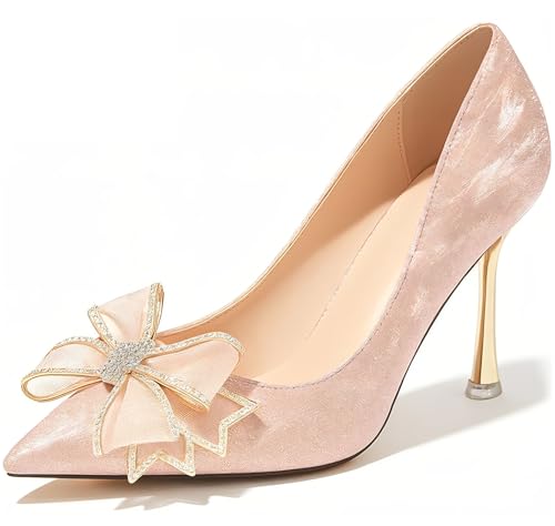 Escarpins Pailletés Rose Or avec Talon Aiguille 7 cm Et Nœud Papillon pour Femmes - Chaussures Parfaites pour Mariage Et Soirée (Rose Or doré, 245=EU-39)