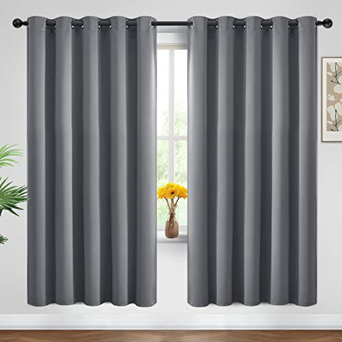 Yakamok Blackout Curtains Room Darkening Thermal Insulated Window Panels,Solid Grommet Top Drapes for Bedroom/Living Room(62Wx72L, Grey, 2 Panels)