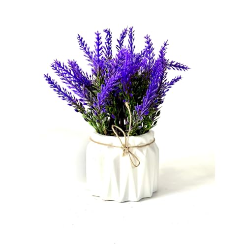 Image of Dekorly Artificial Lavender Plant in White Pot, 18cm - Realistic Faux Flower Arrangement for Home & Office Decor (Set of 1) (1, White Color Pot)