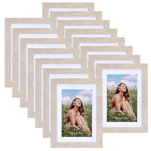 Vasemouh Juego de 15 Marcos 10x15 cm con Passepartout, Marcos Color Beige de MDF para Fotos 10x15 cm o 13x18 cm, se Pueden Colocar en La Pared o en La Mesa