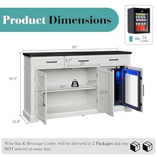 LUXOAK 60" Farmhouse Coffee Bar Cabinet with Beverage Fridge (Included), Wine Bar Cabinet with Drawer Storage, Mini Fridge Cabinet, Sideboard Cabinet for Dining Room, Living Room-White