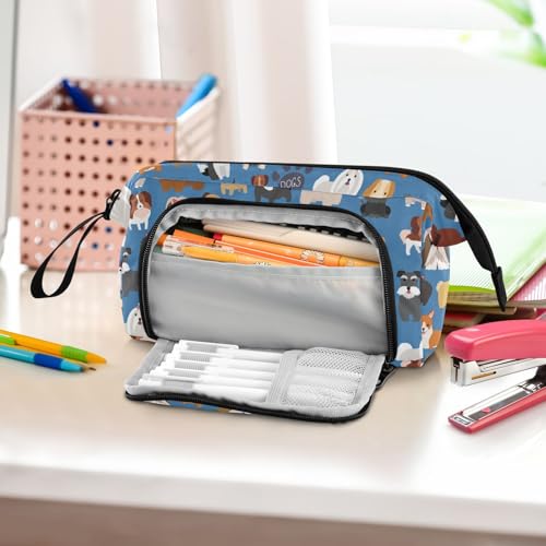 Image of Dogs Cute Blue Print Pencil Case Pouch Big Capacity Pencil Bag Box Organizer Pen Case with Compartmens Stationery Organizer for Girls Boys Women School College Office