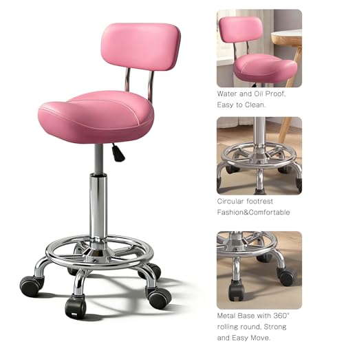 Image of Saddle Stool with Ring Pedal and Back, Adjustable Hydraulic Rolling Chair with Wheels for Medical, Massage, Salon, Spa, Kitchen, and Drafting Use