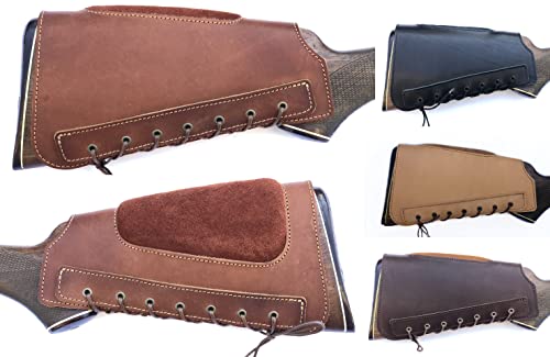 Real Leather Buttstock Holder Cover Suede Padded Cheek Rest - Long Range Shooting (Right Handed, Mahogany)