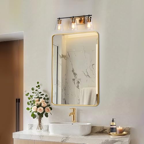 Image of KSANA Bathroom Light Fixtures, 3-Light 22'' Matte Black and Imitation Electroplated Copper Vanity Lights with Clear Glass Shade, Modern Farmhouse Black and Gold Brass Bathroom Lighting Over Mirror