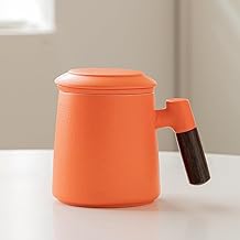 SHIKSELL Ceramic Infusion Green Tea Mug with Infuser and Lid and Wooden Handle Pack of 1 for Steeping Loose Leaf Tea, Chinese Modern Diffuser Coffee Tea Cup for Home Office 400ml (Orange)