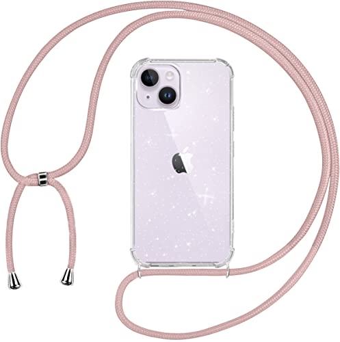 Tikgue Funda con Cuerda para iPhone 14, Carcasa Glitter Brillante Transparente TPU Suave Silicona Capa con Colgante Ajustable Collar Correa de Cuello Colgar Cordón - Oro Rosa