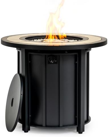 30" Propane Gas Fire Pit Table, 50000 BTU Round Steel Fire Pit with Mosaic Ceramic Tabletop for Outside Patio Deck Garden Backyard- Black
