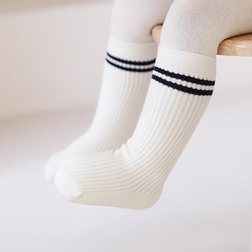 Classic Striped Toddler Crew Socks, White with Red Navy Black Athletic Lines, Cotton Blend, 6 Pairs3