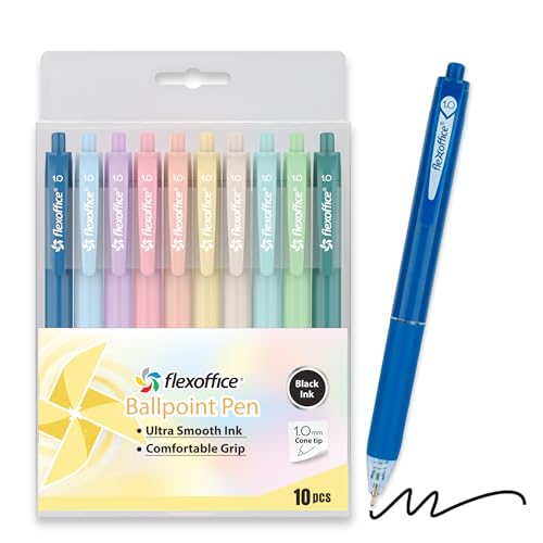 FLEXOFFICE 10-Count Retractable Ballpoint Pens, Black Ink, Medium Point 1.0mm, Pastel Color Barrels with Soft Contoured Grip Back to school for Coworkers, Teachers, Friends