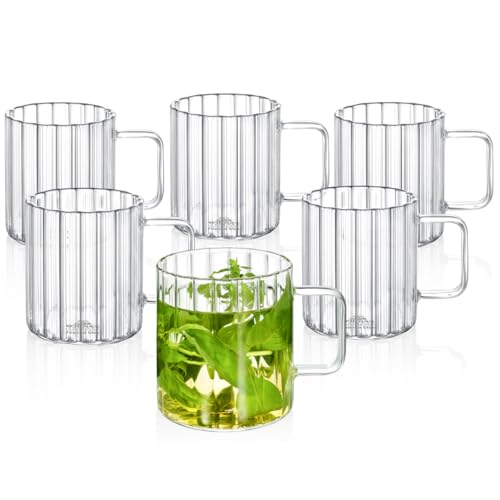 Wilmax - Verres thermiques avec anse - Lot de 6-550 ml - Verres en verre cannelé pour l'eau, le thé, le café - Verres à thé et à café - Gobelets - Lavables au lave-vaisselle