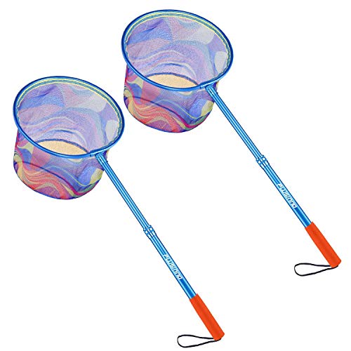 PLUSINNO Kids Fishing Net, Landing Net with Carbon Fiber Telescopic Pole Handle and Ultralight Aluminum Alloy Ring, Catch and Release Butterfly Net for Kids 2 Pack