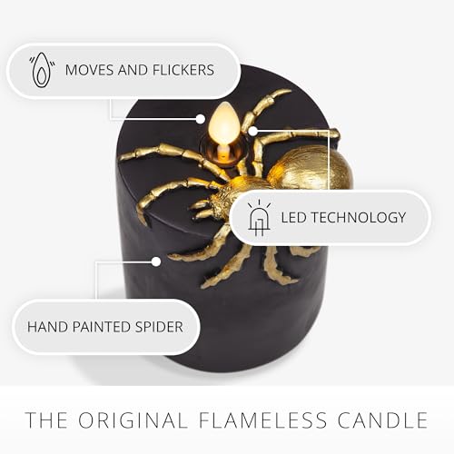 Image of Luminara Spider Flameless LED Candle, Black & Gold 3 inch x 4.5 inch, Moving Flame Pillar, Battery Operated Timer Real Wax Halloween Gothic Home Decor