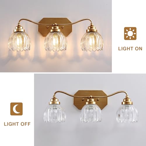 Image of Vintage Bathroom Light Fixtures, Gold Bathroom Vanity Light, Matte Antique Brass Finish with Crystal Glass Shade, Wall Sconces Lighting for Bedroom, Living Room, Hallway (Gold, 3-Light)