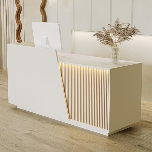 Reception Desk with Counter, Modern Reception Desk with Drawers & 2 Storage Cabinets & 3 Storage Compartments, Front Desks Reception Counter for Salon-Office-Store (Beige-Right, 63inch-160cm)