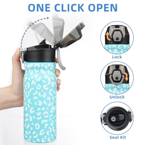 Image of BJPKPK 18 oz Water Bottle with Straw & Handle, Insulated Stainless Flask | Leak Proof Locking Lid, Thermal, Double Wall Vacuum, Metal, Keeps Hot /Cold, BPA Free, Travel & Sports, Sky Blue Leopard