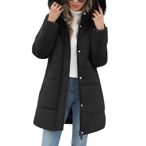 VXVGER Women's Thicken Puffer Coat Winter Warm Fleece Quilted Jacket Padded Parka Coat with Removable Hood(Black,L)