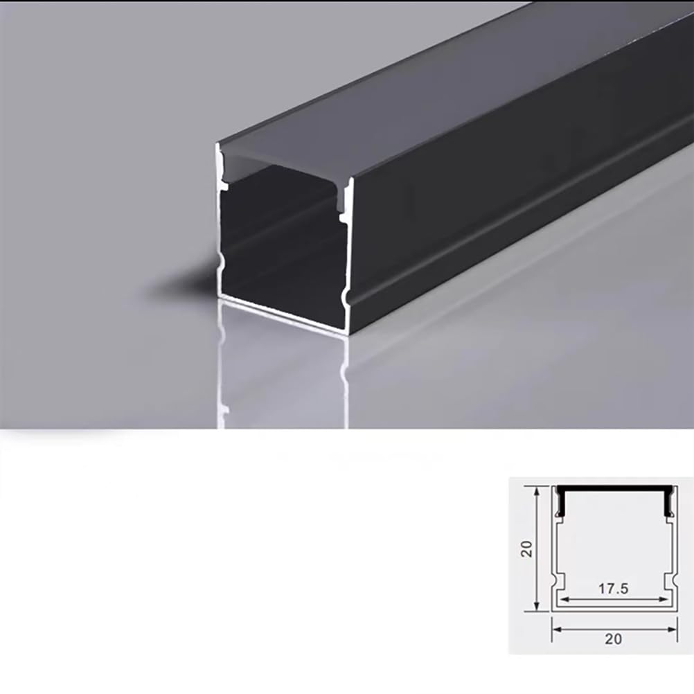 Perfil de aluminio LED en forma de U de 6 m con cubierta blanca lechosa, difusor de tira de luz de canal negro, perfecto para sistemas LED de 20 x 20 mm, mejora la iluminación y la estética