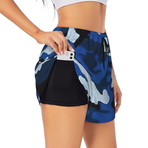 Short de yoga femme double couche noir short de sport camouflage bleu L