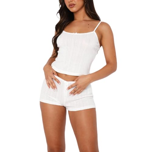 Image of Women's Two Piece Outfit Lace Trim Top and Shorts Set 2 Piece Lounge Sets Ladies PJs Summer Clothes