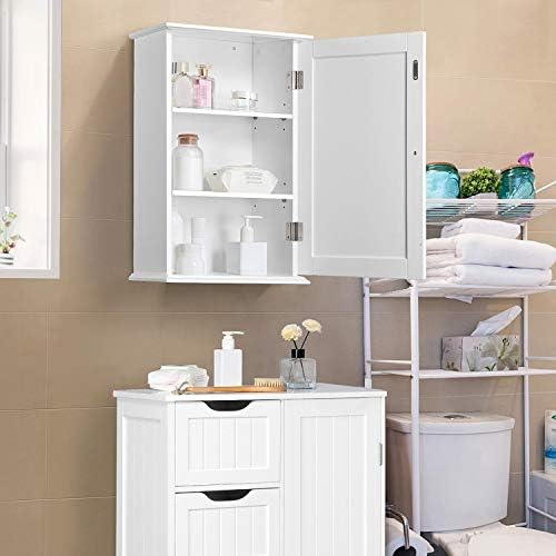 Yaheetech Wall Mounted Kitchen Storage Cabinet Single Door Wooden Cupboard with 3 Tiers Shelves for Bathroom Living Room Hallway, White