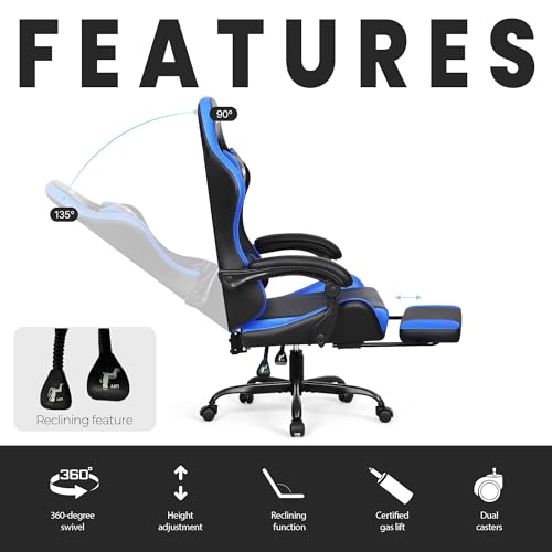 Image of N-GEN GAMING Gaming Chair with Footrest, Lumbar Support, High-Back, Blue | Reclining Backrest, Linkage Armrests, Durable PU Leather, Adjustable Comfort for Extended Computer, Desk, or Home Office Use