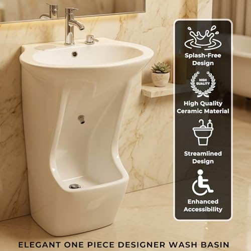 Image of Well Set Luxury Ceramic One Piece Pedestal Wash Basin | Premium Stand Wash Basin Square for Home Office Hotel | Ceramic White