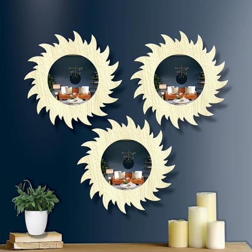 Image of Creative Arts n Frames 11 inch Set of 3 Round Wall Decor Hand Crafted Wooden HD Wall Mirror Panel for Living Room Bedroom Lobby Modern Wall Decor Home Decor Items (Chakra 2 Pine)