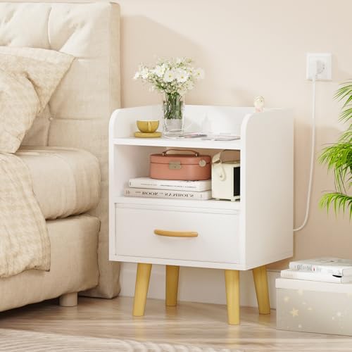 Bedside Table with Socket, Bedside Table with Drawers and 4 Legs ...