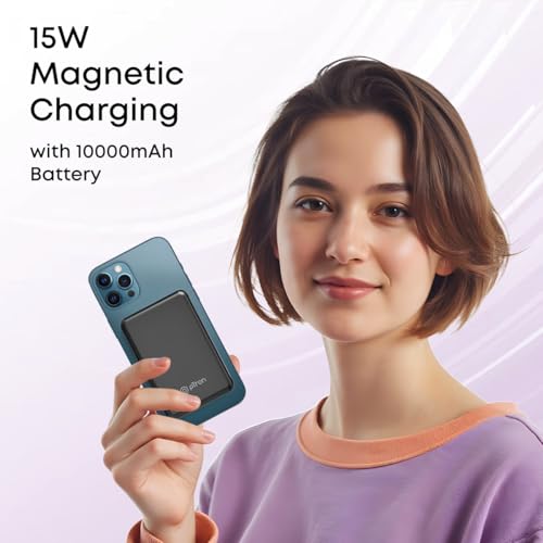 Image of pTron MagSafe Magnetic Wireless 10000mAh Fast Charging Slim Power Bank, Strong Magnet, 22.5W Output, Compatible with iPhone 12, 13, 14, 15, 16, Android & Other Qi Enabled Devices, Dynamo Flash (Black)