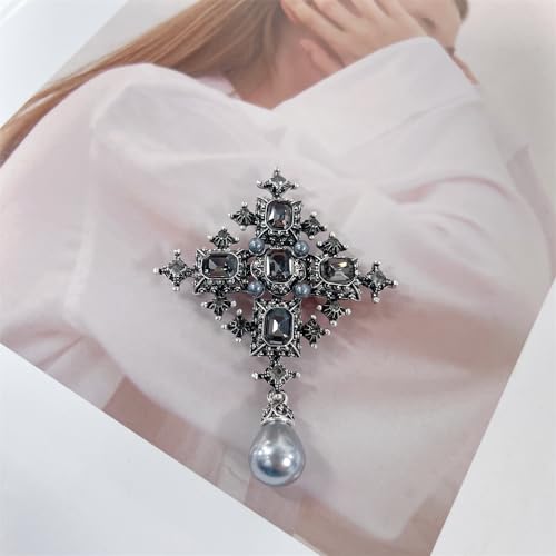 Image of Vintage Cross Rhinestones Pearl Teardrop Brooches Lapel Pins for Women Girls Dainty Boho Crystal Pin Dress Suit Bouquet Ceremony Accessories Jewelry Valentine's Day Gifts