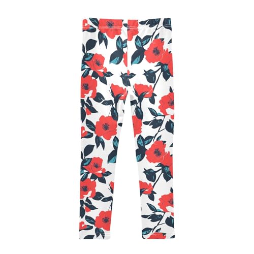 KLL Floral Pattern Red Roses Girls Cotton Leggings Casual High Waisted Dance Pants Running2