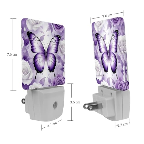 Image of NEWzone Butterfly Rose Purple Night Light [2 Pack], Plug in Wall Led Night Lights Decor for Boys Girls Room, Dusk to Dawn Sensor Wall Lamp for Stairway /Bedroom /Kitchen /Nursery Room