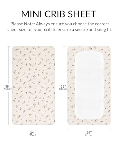 Image of Mini Crib Sheets for Baby Boy Girl 2 Pack, Neutral Mini Crib Mattress Sheet 24 inch x 38 inch, Muslin Nursery Bedding Soft and Breathable Comfort (Petal Leaf & Pink)